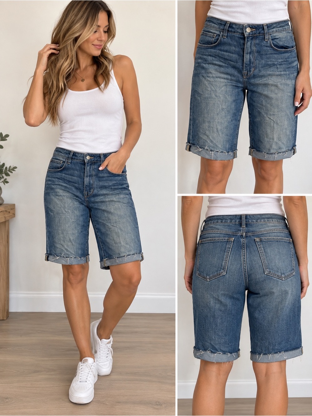 L’AGENCE Women’s Denim Bermuda Shorts Size 28 Blue Distressed Cuffed Stretch
